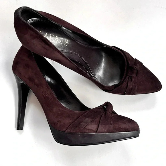 Lauren Ralph Lauren Chocolate Brown Suede Platform Pumps High Heels Size 7.5 - Picture 1 of 15